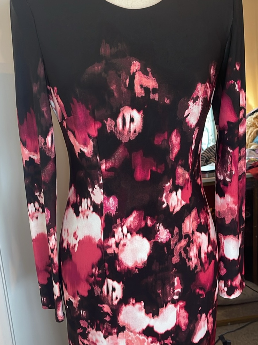 White House Black Market Black & Fuchsia Abstract Long Sleeve Dress